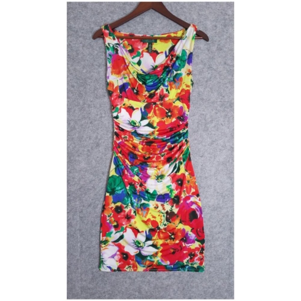 LAUREN RALPH LAUREN Size 8 Floral Ruched Draped Neck Garden Party Summer Dress